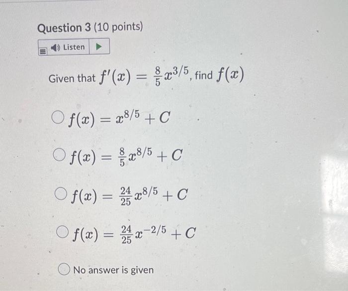 N That F X 58 X3 5 Fif X X8 5 Cf X 58 X8 5 Cf X 2524 X8 5 Cf X 2524 X 2 5 C No Answer Is Given Find The Indefinit 1