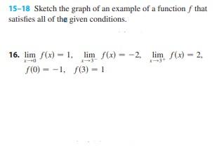 15 18 Sketch The Graph Of An Example Of A Function F That Satisfies All Of The Given Conditions 16 X 0lim F X 1 X 3 L 1