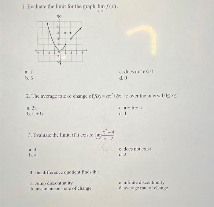 1 Evaluate The Limit For The Graph X 1lim F X A 1 C Does Not Exist B 3 D 0 2 The Average Rate Of Change Of F X 1