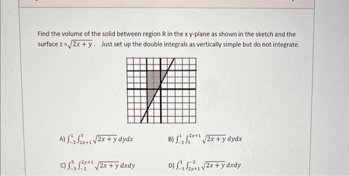 Find The Volume Of The Solid Between Region R In The Xy Plane As Shown In The Sketch And The Surface Z 2x Y Just Set U 1