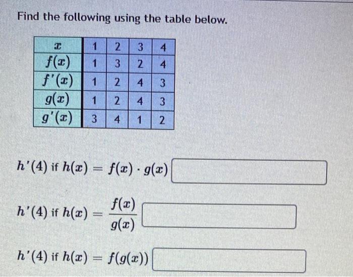 Find The Following Using The Table Below H 4 If H X F X G X H 4 If H X G X F X H 4 If H X F G X 1