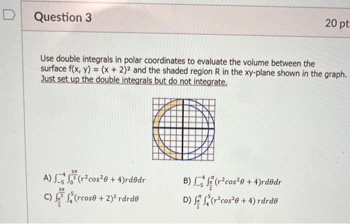 Use Double Integrals In Polar Coordinates To Evaluate The Volume Between The Surface F X Y X 2 2 And The Shaded Region 1