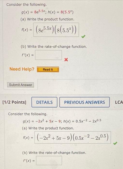 Consider The Following G X 8e5 5x H X 8 5 5x A Write The Product Function F X B Write The Rate Of Change Func 1