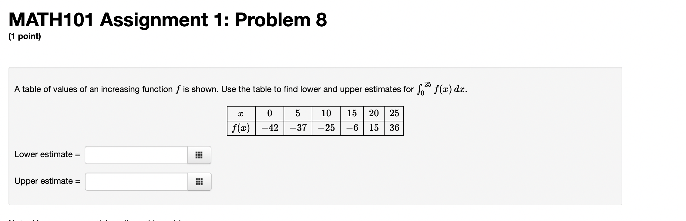 Math101 Assignment 1 Problem 8 A Table Of Values Of An Increasing Function F Is Shown Use The Table To Find Lower And 1