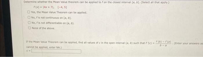 Determine Whether The Mean Value Theorem Can Be Applied To F On The Dosed Interval A B Select All That Apply P X 1