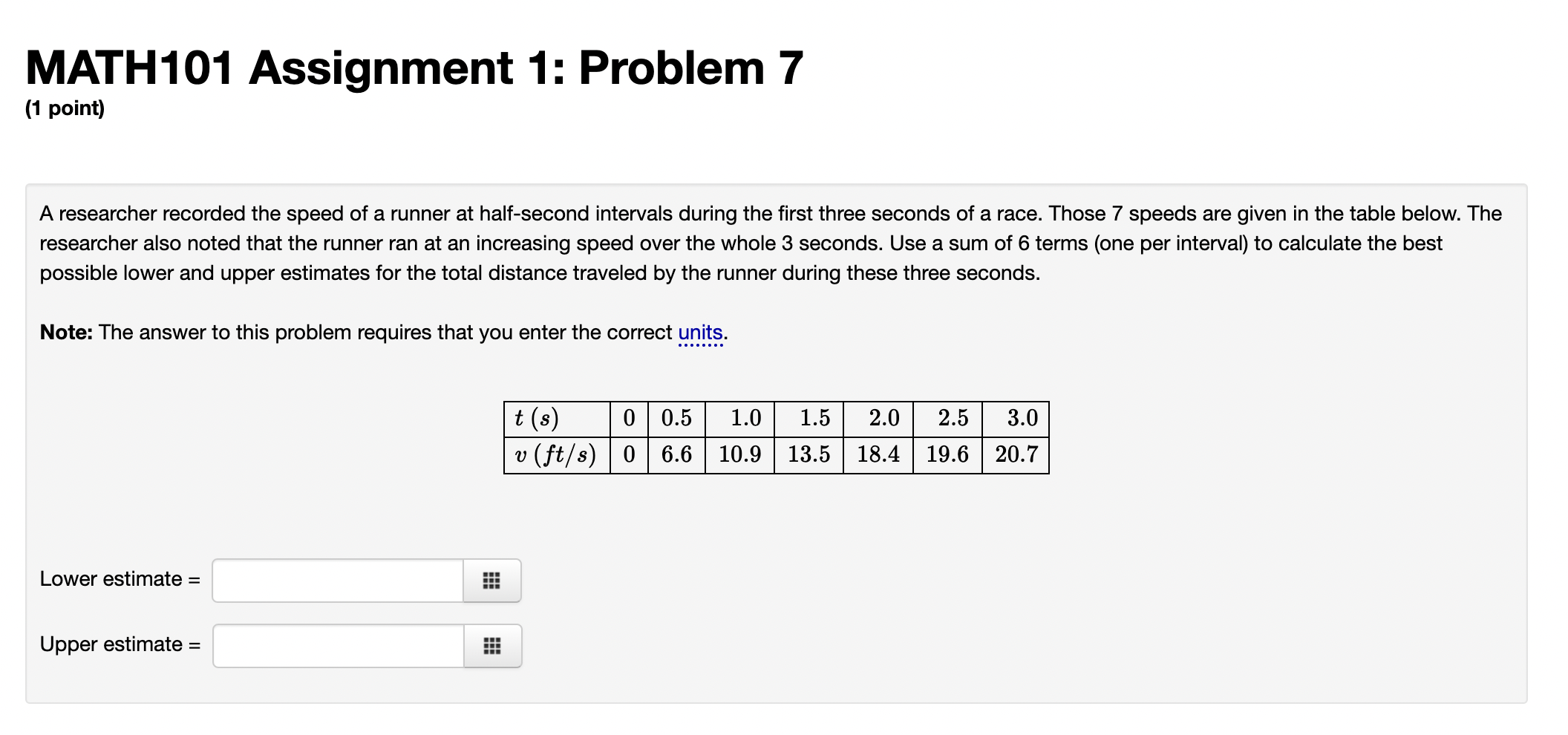 Math101 Assignment 1 Problem 7 1 Point A Researcher Recorded The Speed Of A Runner At Half Second Intervals During Th 1