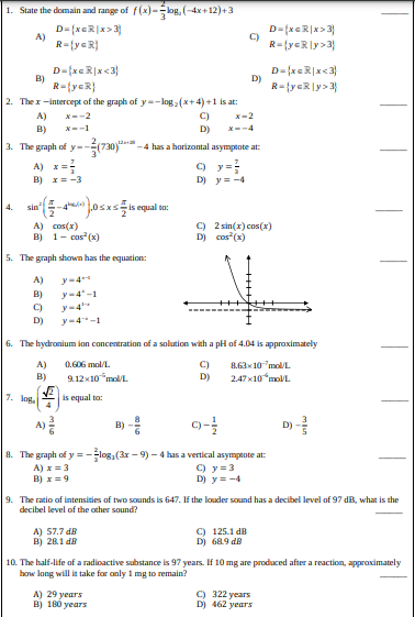 Hi Dear Here I Have 10 Multiple Choice Questions For Grade 12 Advanced Functions Please Don T Answer The Questions Unle 1