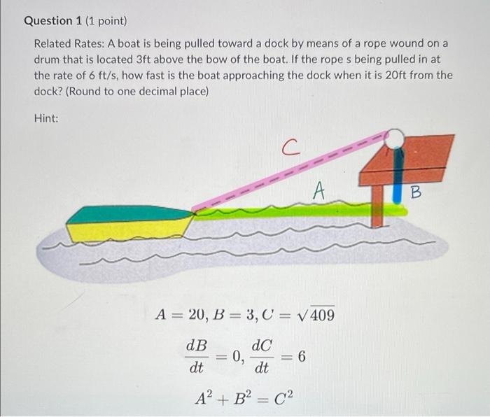 Related Rates A Boat Is Being Pulled Toward A Dock By Means Of A Rope Wound On A Drum That Is Located 3ft Above The Bow 1