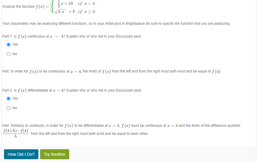 Looking For Help In Explaining Part 2 Is F X Differentiable At X 4 Having Some Trouble Getting The Equations Proving 1