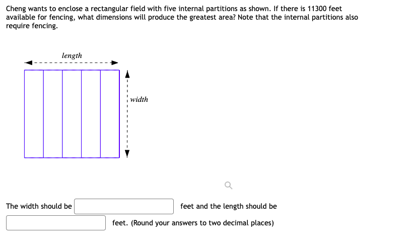 Cheng Wants To Enclose A Rectangular Field With Five Internal Partitions As Shown If There Is 11300 Feet Available For 1