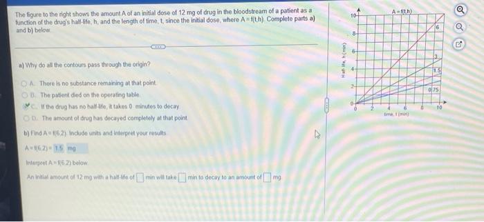 Tho Figure To The Right Shows The Amount A Of An Initial Dose Of 12 Mg Of Drug In The Bloodstream Of A Patient As A Func 1