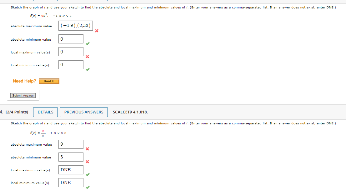 F X 9x2 1 X 2 Absolute Maximum Value X Absolute Minimum Value Local Maximum Value S X Local Minimum Value S 2 4 Poi 1