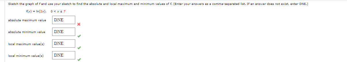 Sketch The Graph Of F And Use Your Sketch To Find F X Ln 2x 0 X 7 Absolute Maximum Value F X 2 X Begin Tabular L L 1