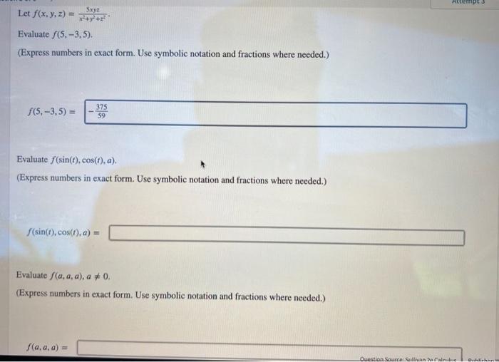 Let F X Y Z X2 Y2 Z25xyz Evaluate F 5 3 5 Express Numbers In Exact Form Use Symbolic Notation And Fractions Wher 1