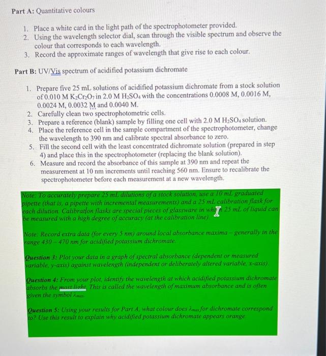 Part A Quantitative Colours 1 Place A White Card In The Light Path Of The Spectrophotometer Provided 2 Using The Wav 1
