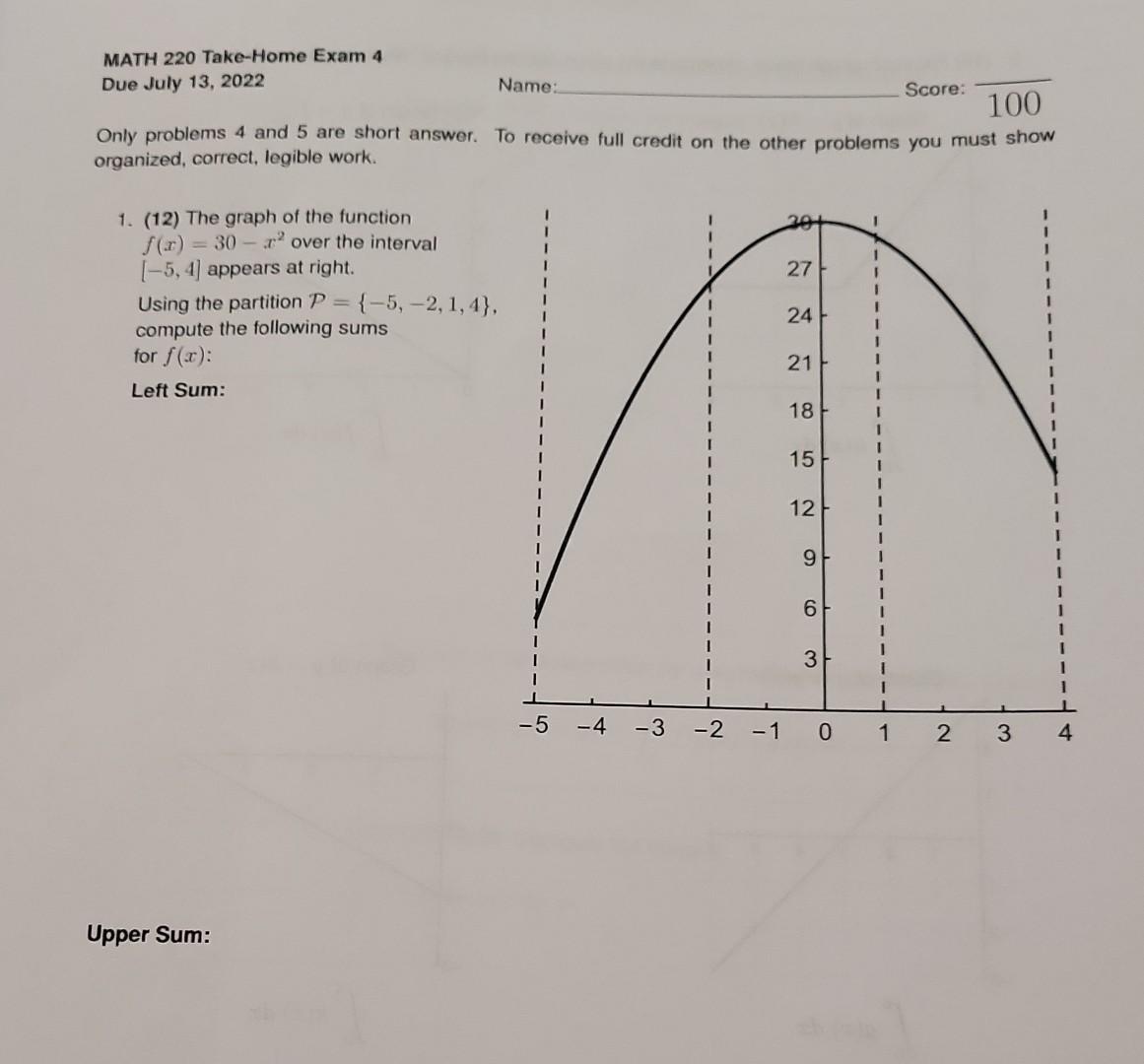 Only Problems 4 And 5 Are Short Answer To Receive Full Credit On The Other Problems You Must Show Organized Correct L 1