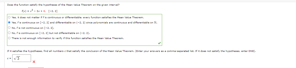 Does The Function Satisfy The Hypotheses Of The Mean Value Theorem On The Given Interval F X X3 3x 8 2 2 C Does Th 1