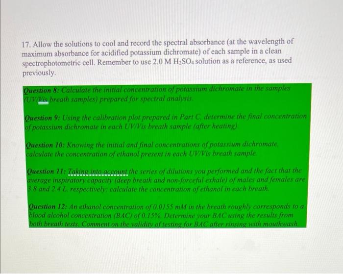 Part C Calibration Of The Uv Vis Spectrophotometer 10 Measure And Record The Spectral Absorbance Of Each Solution Pre 2