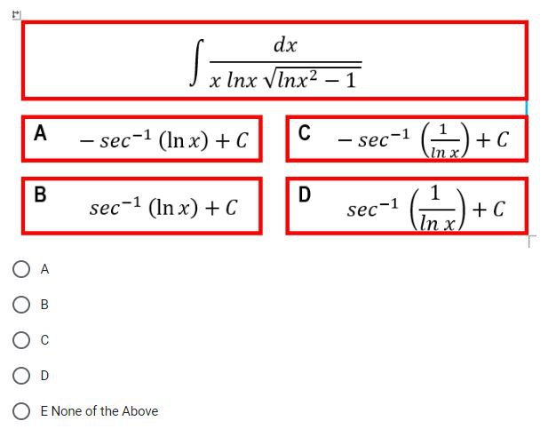 Xlnxlnx2 1 Dx A Sec 1 Lnx C C Sec 1 Lnx1 C D Sec 1 Lnx1 C A B C D E None Of The Above 1