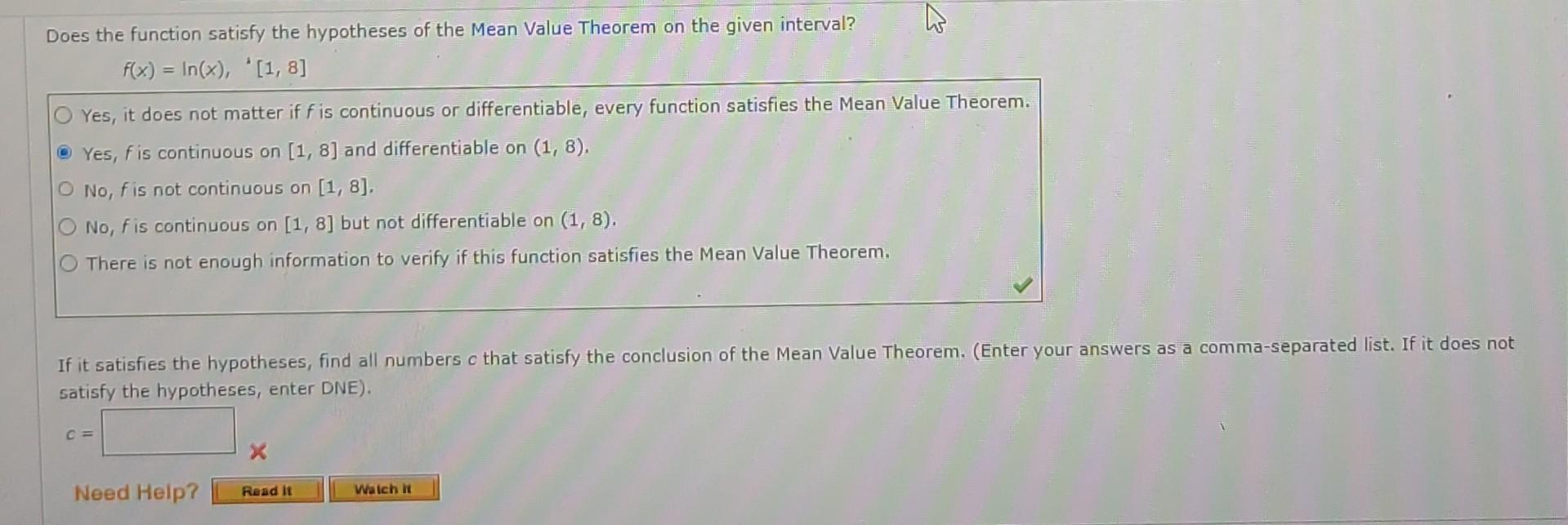 F X Ln X 1 8 Yes It Does Not Matter If F Is Continuous Or Differentiable Every Function Satisfies The Mean Value T 1