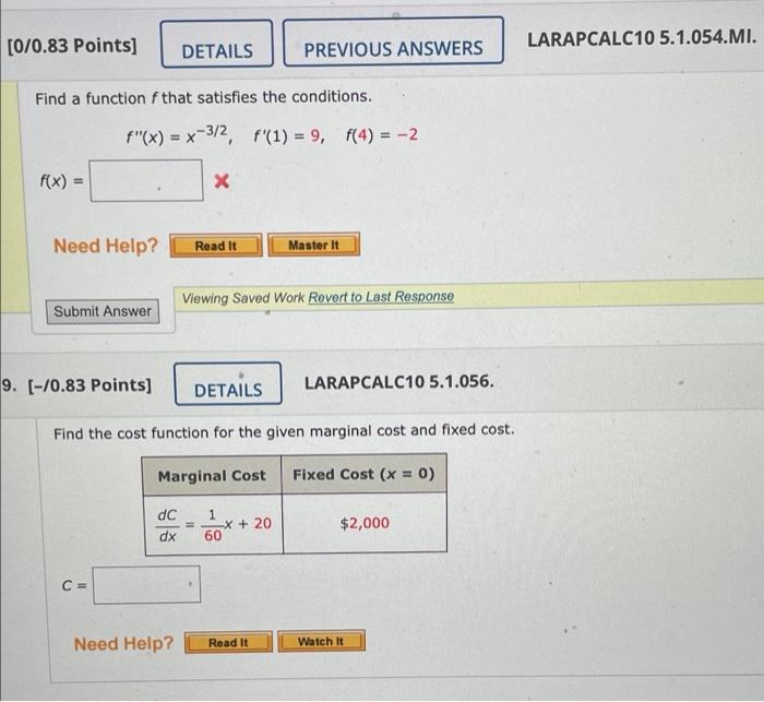 Find A Function F That Satisfies The Conditions F X X 3 2 F 1 9 F 4 2 0 83 Points Larapcalc10 5 1 056 Find 1