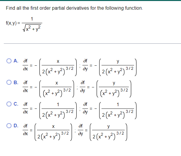 Find All The First Order Partial Derivatives For The Following Function F X Y X2 Y2 1 A X F 2 X2 Y2 3 2x Y F 1