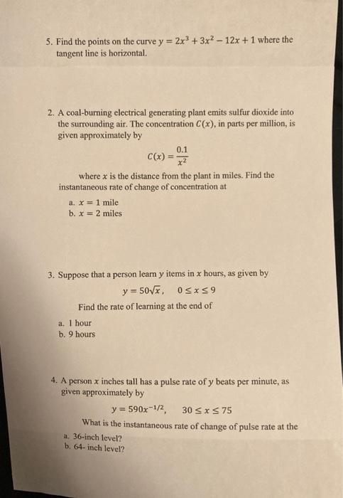 5 Find The Points On The Curve Y 2x3 3x2 12x 1 Where The Tangent Line Is Horizontal 2 A Coal Burning Electrical Gener 1