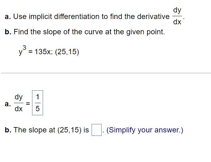 A Use Implicit Differentiation To Find The Derivative Dxdy B Find The Slope Of The Curve At The Given Point Y3 135x 1