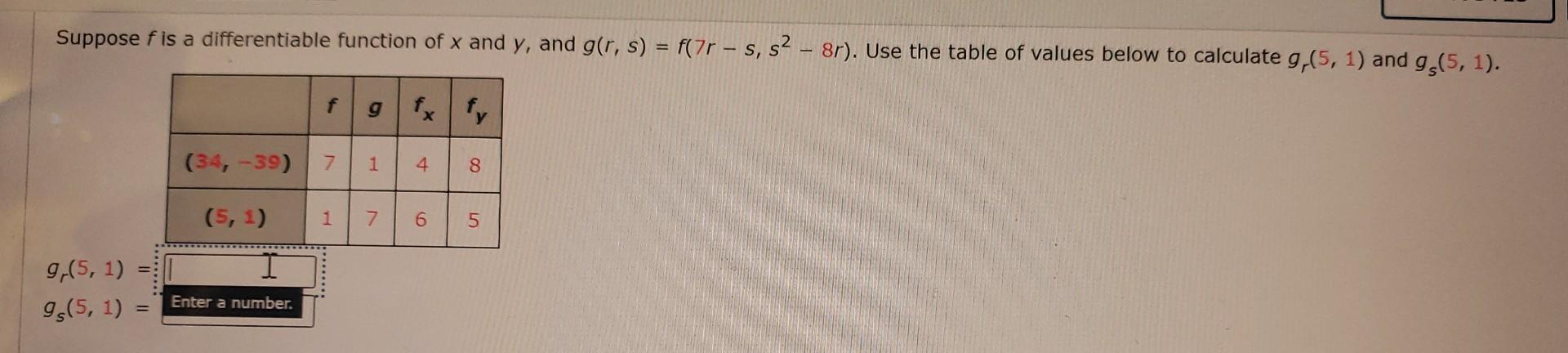 Suppose F Is A Differentiable Function Of X And Y And G R S F 7r S S2 8r Use The Table Of Values Below To Calculate 1