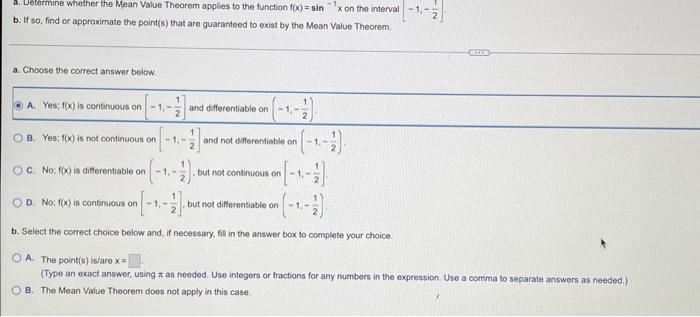 A Devertine Whether The Mean Value Theorem Applies To The Function F X Sin 1x On Tho Interval 1 21 B If So Fin 1