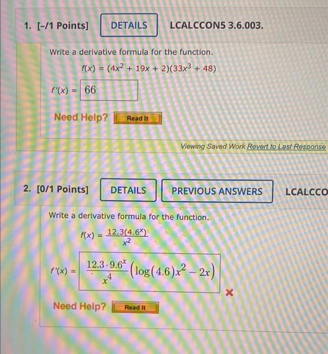1 1 Points Lcalccon5 3 6 003 Write A Derivative Formula For The Function F X 4x2 19x 2 33x3 48 F X Viewin 1