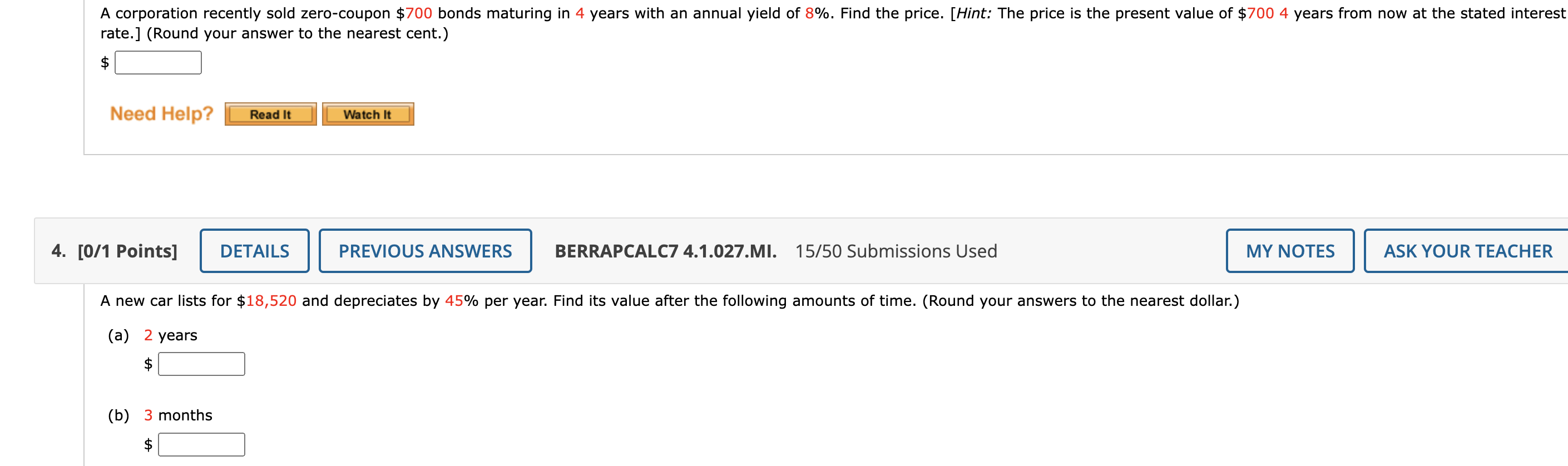 Rate Round Your Answer To The Nearest Cent 0 1 Points Berrapcalc7 4 1 027 Mi 15 50 Submissions Used A New Car 1