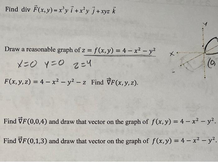 Find Divf X Y X3yi X2yj Xyzk Draw A Reasonable Graph Of Z F X Y 4 X2 Y2 X 0y 0z 4 F X Y Z 4 X2 Y2 Z Find F X Y Z F 1