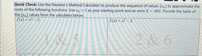 Quick Check Use The Newton S Method Calculator To Produce The Sequence Of Values Xn To Approximate The Roots Of The 1