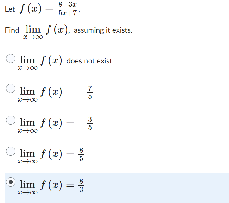 F X 5x 78 3x Nd X Lim F X Assuming It Exists X Lim F X Does Not Exist Limx F X 57 Limx F X 53 Limx F X 1