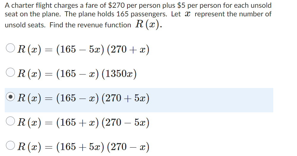 A Charter Flight Charges A Fare Of 270 Per Person Plus 5 Per Person For Each Unsold Seat On The Plane The Plane Holds 1