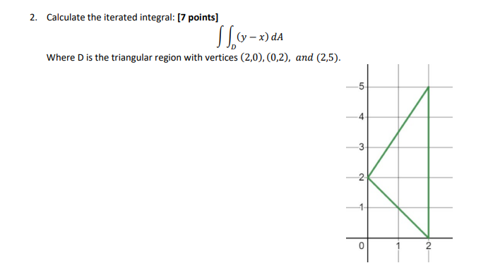 2 Calculate The Iterated Integral 7 Points D Y X Da Where D Is The Triangular Region With Vertices 2 0 0 2 An 1