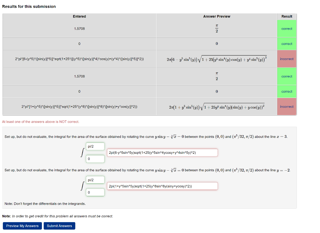 Results For This Submission At Least One Of The Answers Above Is Not Correct Set Up But Do Not Evaluate The Integral 1