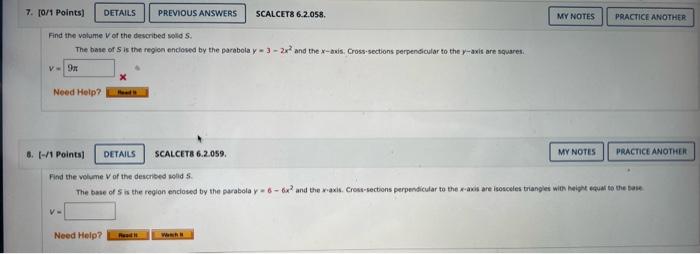 Find The Valume V Of The Described Soild 5 The Bate Of S Is The Regon Enciosed By The Parabola Y 3 2x2 And The X Avis 1