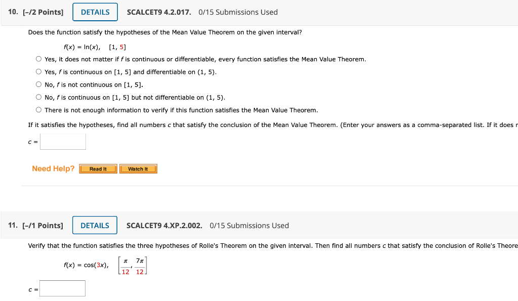 2 Points Scalcet9 4 2 017 0 15 Submissions Used Does The Function Satisfy The Hypotheses Of The Mean Value Theorem 1