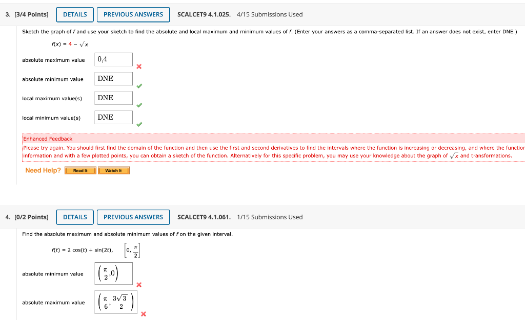 F X 4 X Absolute Maximum Value Absolute Minimum Value Local Maximum Value S Local Minimum Value S Enhanced Feedba 1