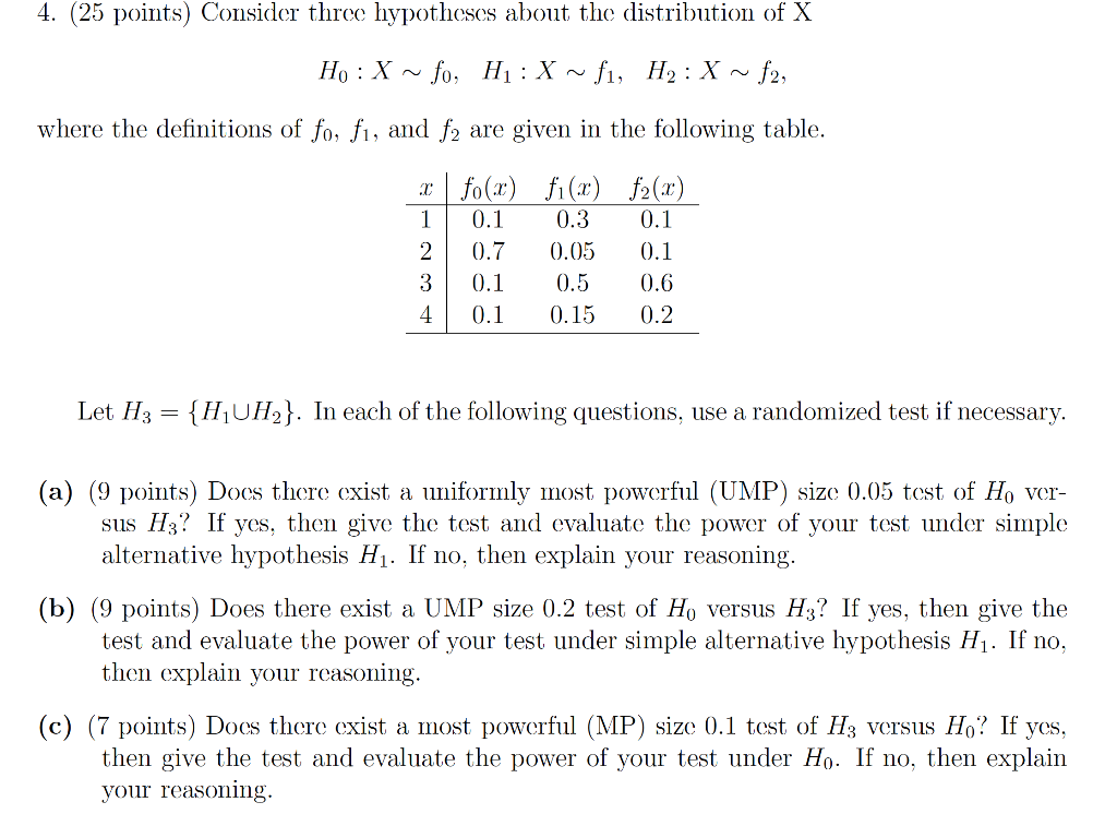 Transcribed Image Text From This Question4 25 Points Consider Three Hypotheses About The Distribution Of X Ho X Fo 1