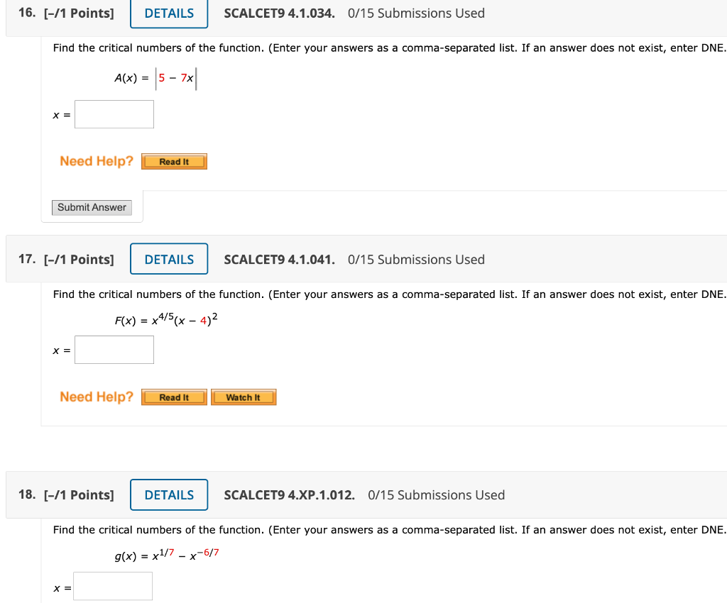 A X 5 7x X 1 Points Scalcet9 4 1 041 0 15 Submissions Used Find The Critical Numbers Of The Function Enter Y 1