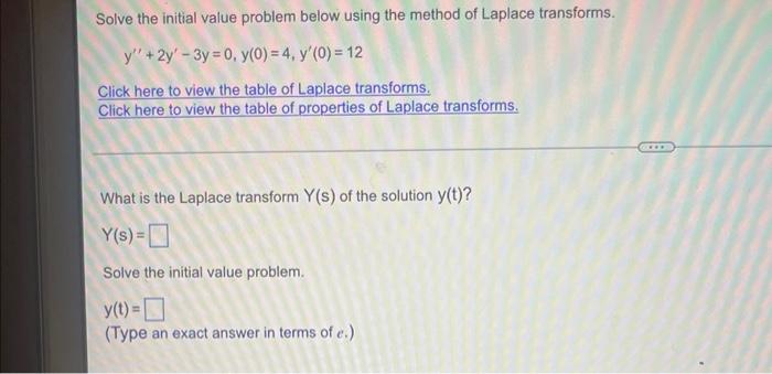 Solve The Initial Value Problem Below Using The Method Of Laplace Transforms Y 2y 3y 0 Y 0 4 Y 0 12 Click Here To 1