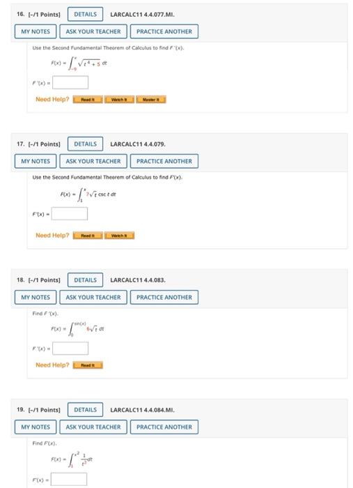 Larcalc11 4 4 077 M1 Use The Secied Fundamental Theorem Of Calculus To Find F X F X 9x T4 5 Dt F X Larcalc114 1