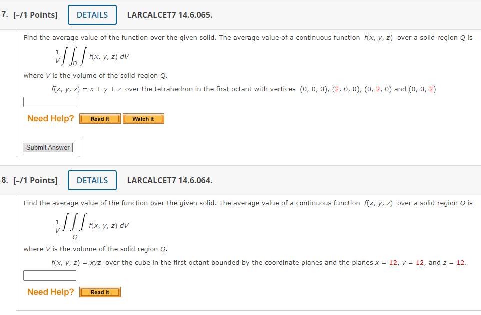 Larcalcet7 14 6 065 Find The Average Value Of The Function Over The Given Solid The Average Value Of A Continuous Func 1