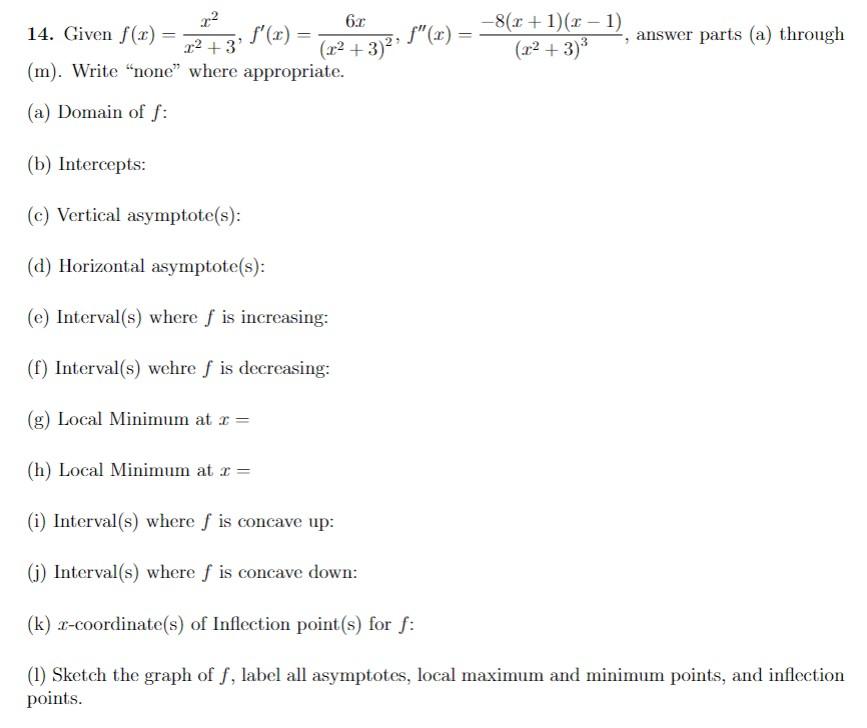 14 Given F X X2 3x2 F X X2 3 26x F X X2 3 3 8 X 1 X 1 Answer Parts A Through M Write None Where Ap 1