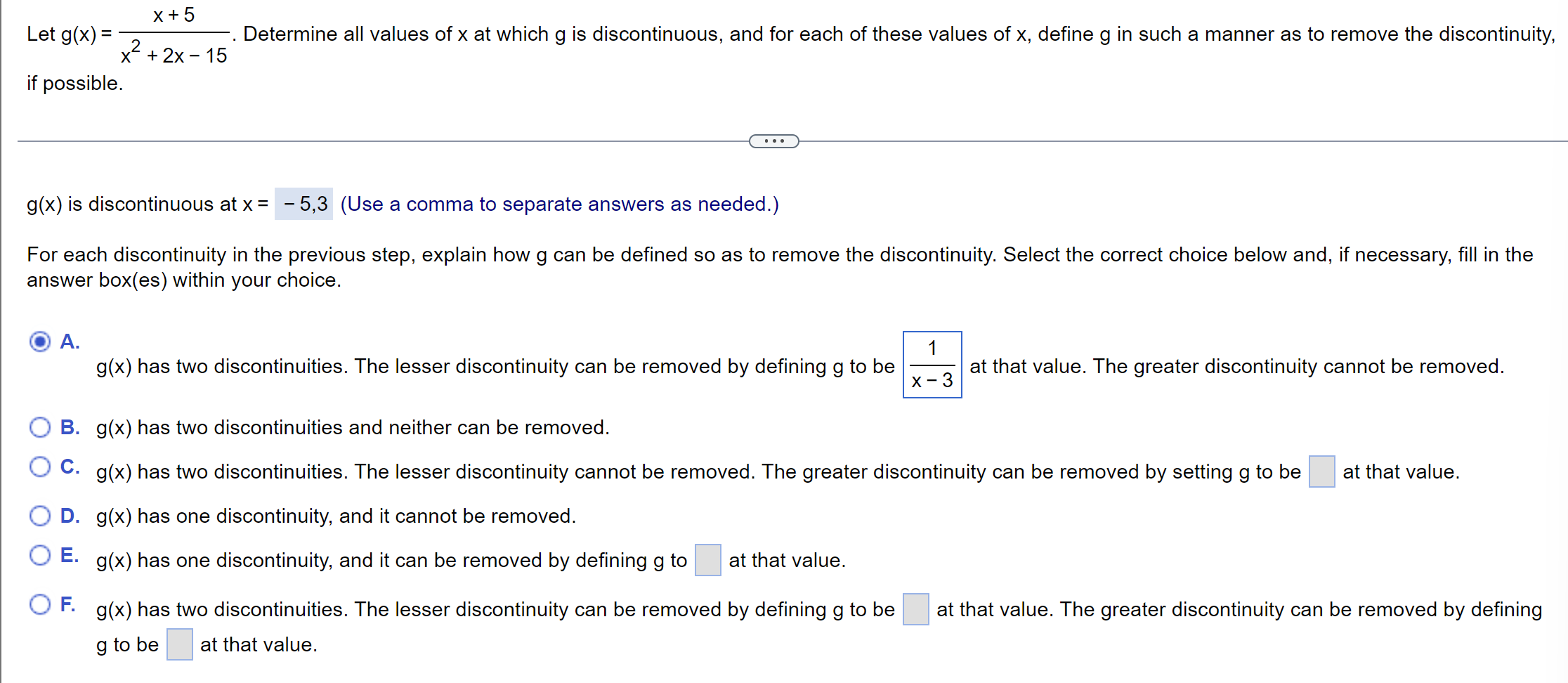 Let G X X2 2x 15x 5 Determine All Values Of X At Which G Is Discontinuous And For Each Of These Values Of X Define 1