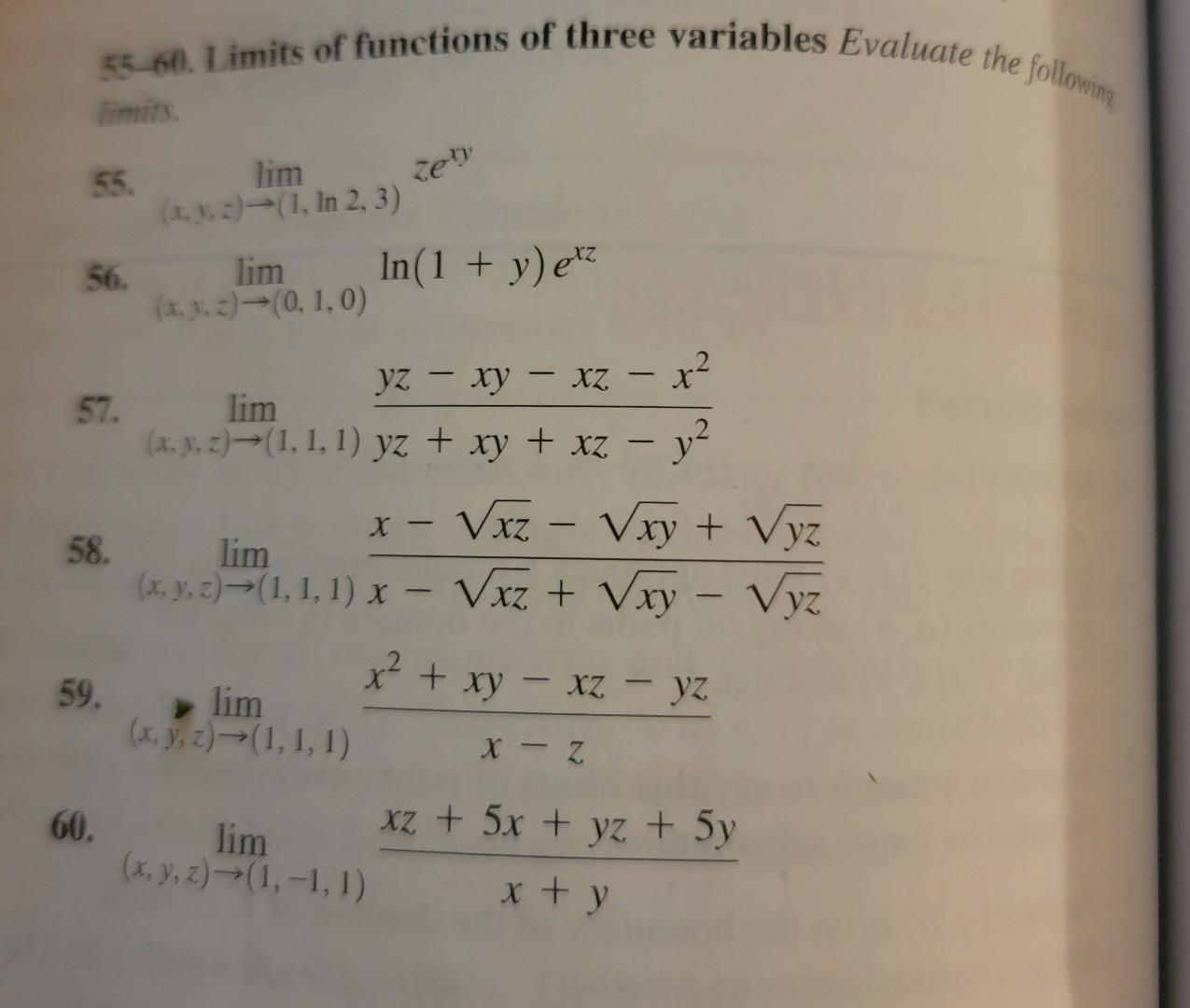 55 60 Limits Of Functions Of Three Variables Evaluate The Followimp Limiss 55 X Y Z 1 Ln2 3 Lim Zexy 56 X Y Z 1