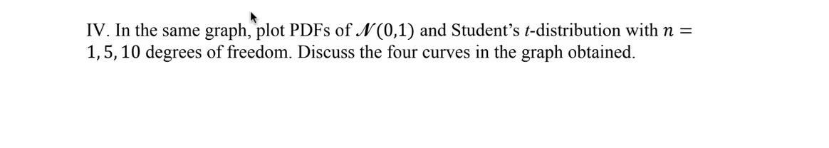 Iv In The Same Graph Plot Pdfs Of N 0 1 And Student S T Distribution With N 1 5 10 Degrees Of Freedom Discuss The F 1